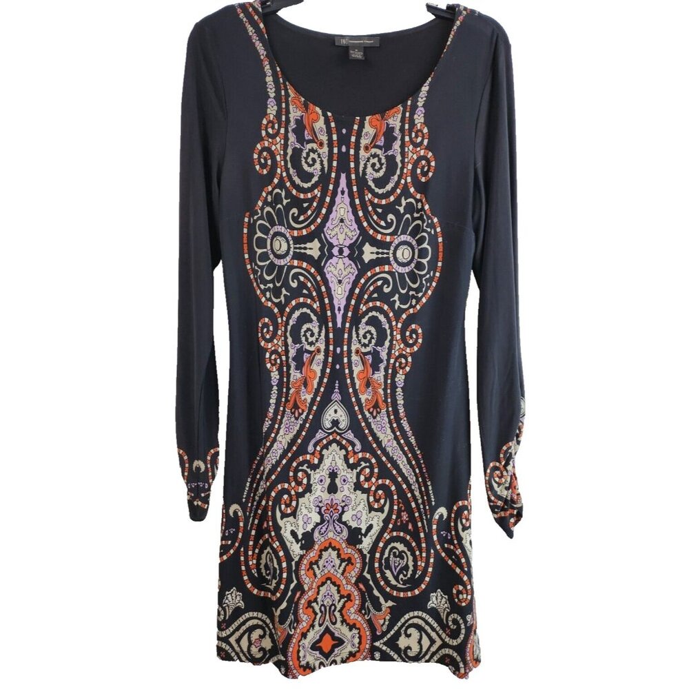 INC‎ International Concepts Womens Shift Dress Medium Black Paisley Long Sleeve
